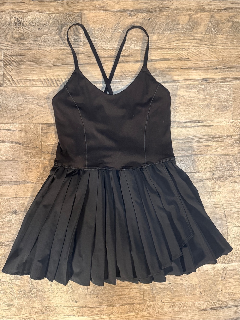 aerie Black Pleated Skater Dance Dress with Shorts and Cross Back Straps -Size S